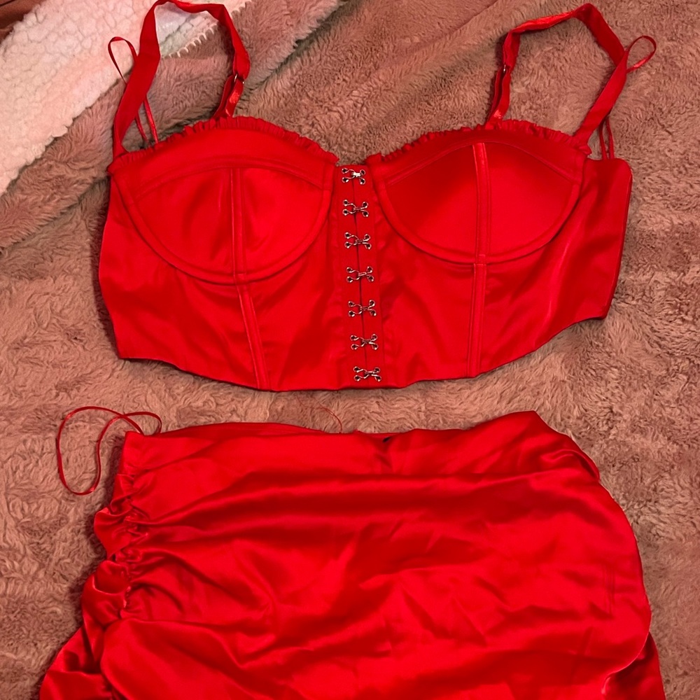 Red Silky Skirt Set